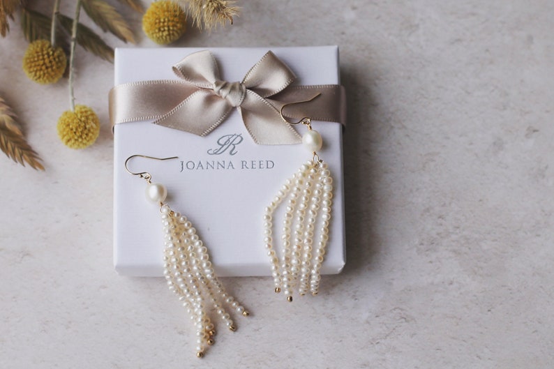 Pearl tassel bridal earrings, boho tassel earrings, seed pearl earrings, boho wedding earrings, gold tassel earrings, boho bridal earrings image 5