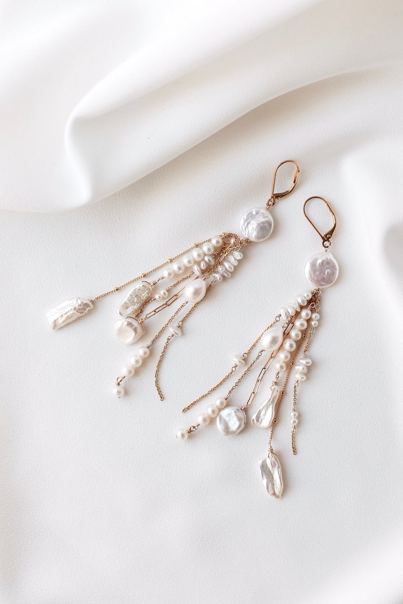 CLARENDON // Boho Luxury Bridal Earrings: Long Dangly Gold Chain & Mixed Freshwater Pearls, Stylish Wedding Jewelry image 1