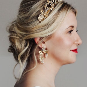 Gold leaf earrings, luxe bridal earrings, real pearl earrings, ornate earrings image 9