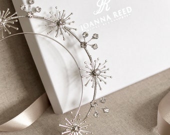 Tocado de halo nupcial con estrella de plata celestial hecho a mano y cristal brillante: elegante accesorio para el cabello de boda para bodas de noche estrellada