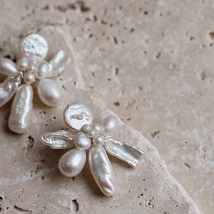 GROVE // Bridal earrings// dainty pearl studs, handmade simple pearl stud earrings, boho bridal jewelry image 2