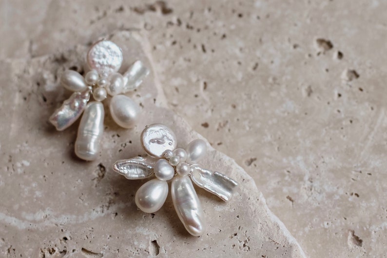 GROVE // Bridal earrings// dainty pearl studs, handmade simple pearl stud earrings, boho bridal jewelry image 2