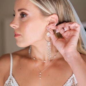 Bridal earrings, long boho gold hoop earrings, pearl bridal accessories, hanging chain earrings, dangly boho earrings, big gold hoop, bride image 3