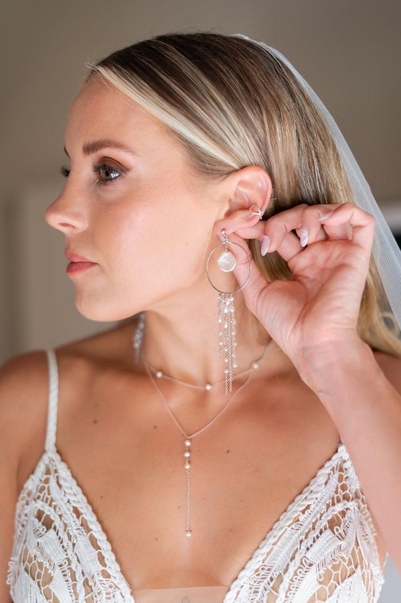 Bridal earrings, long boho gold hoop earrings, pearl bridal accessories, hanging chain earrings, dangly boho earrings, big gold hoop, bride image 3