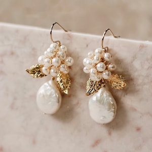 Pearl Bridal Earrings with Gold Leaves,  Freshwater Pearl Drop Earrings, Floral Wedding Jewelry // BOTANIC