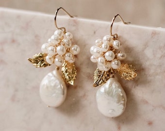 Gold leaf earrings, luxe bridal earrings, real pearl earrings, ornate earrings, pearl cluster earrings