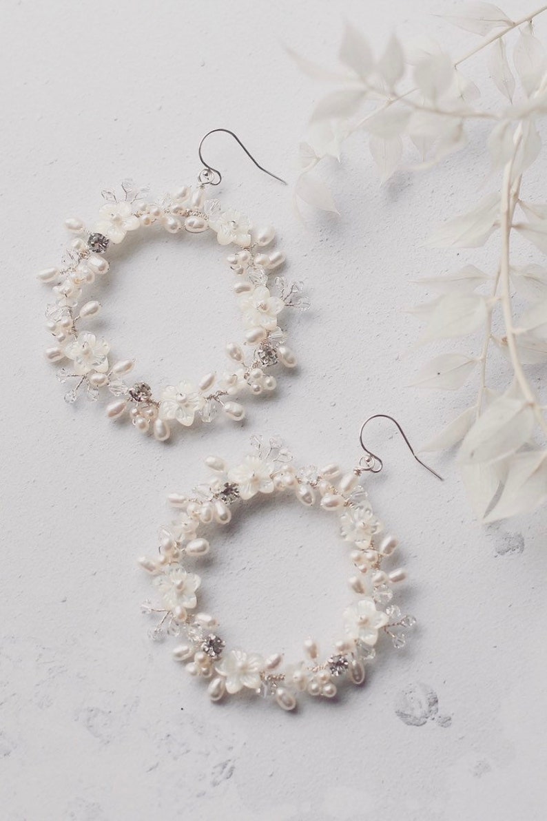 Floral wreath bridal earrings, statement bridal earrings, boho wedding earrings, modern boho accessories, pearl vine earrings, large hoop image 4