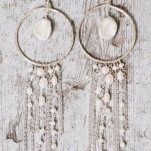 Bridal earrings, long boho gold hoop earrings, pearl bridal accessories, hanging chain earrings, dangly boho earrings, big gold hoop, bride image 9