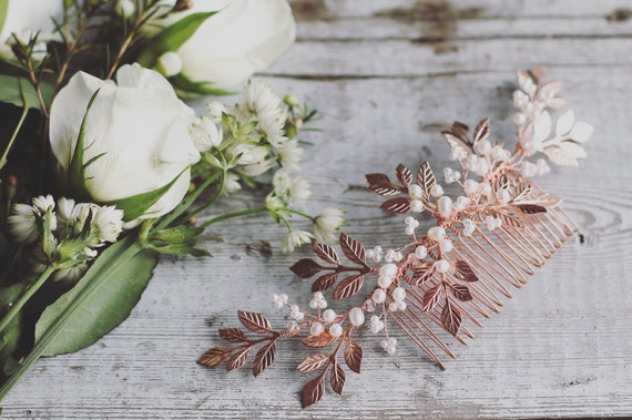 Rose Gold Bridal Hair Comb: Pearl Leaf Wedding Headpiece - Etsy display picture 2