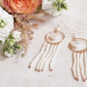 Boho bridal earrings, long pearl earrings, pearl tassel earrings, gold chandelier earrings, bohemian bridal earrings image 9