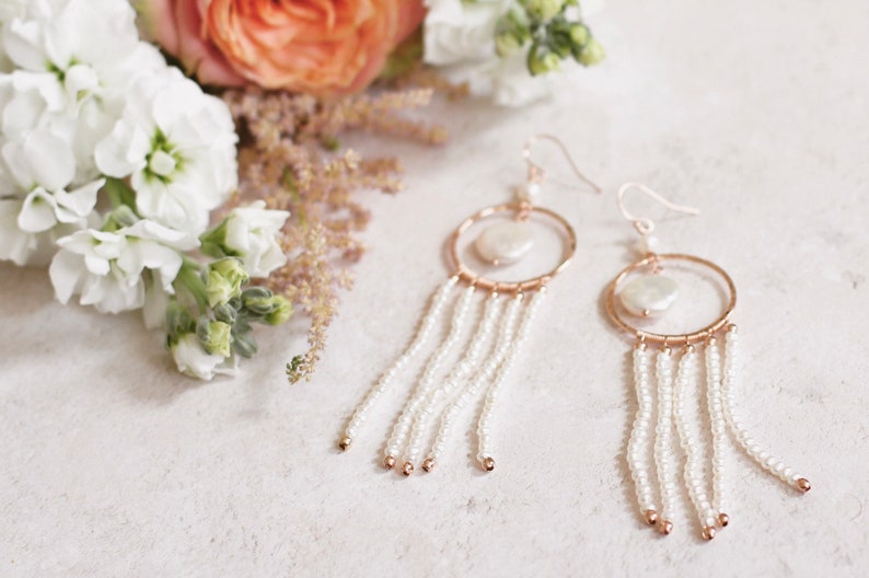 Boho bridal earrings, long pearl earrings, pearl tassel earrings, gold chandelier earrings, bohemian bridal earrings image 9