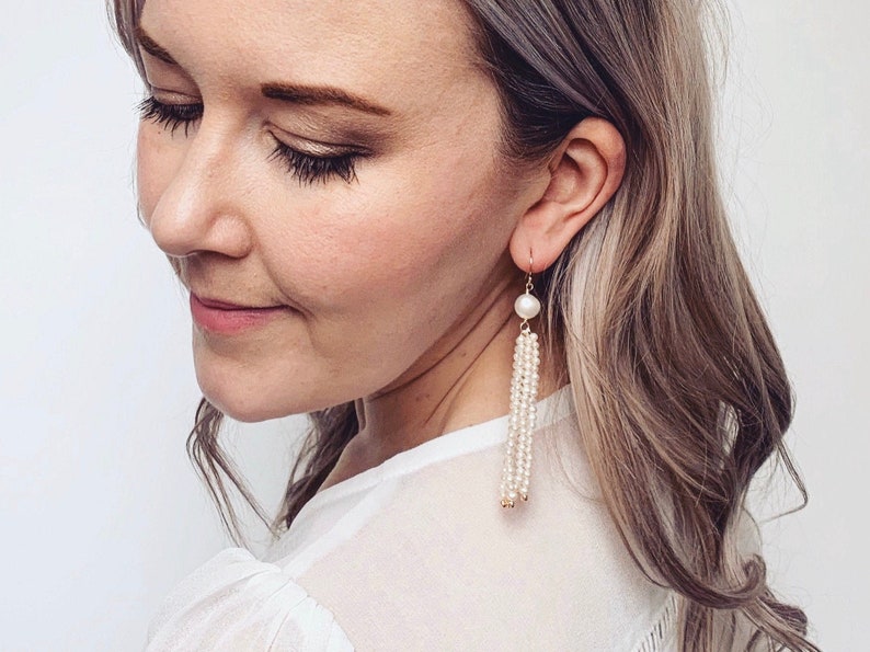 Pearl tassel bridal earrings, boho tassel earrings, seed pearl earrings, boho wedding earrings, gold tassel earrings, boho bridal earrings image 6