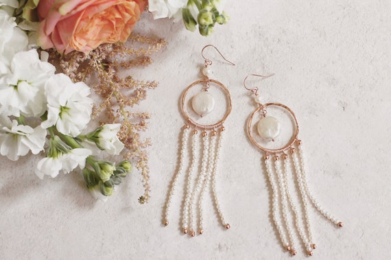 Pendientes de novia boho pendientes largos de perlas pendientes de borlas de perlas pendientes candelabro de oro pendientes de novia boho Etsy Mexico