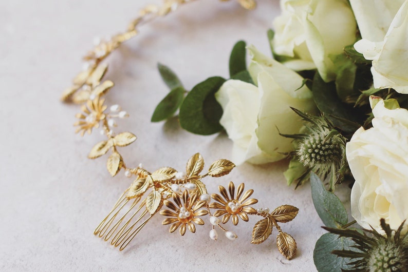 gold leaves bridal flower crown pearl hair vine Gold bridal leaf hair vine boho bridal headpiece gold leaf hair piece gold bridal halo