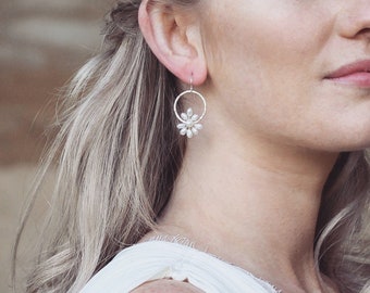 Bridal earrings, sterling silver hoop earrings, pearl earrings, boho bridal earrings, wedding earrings, boho wedding jewelry, pearl hoops