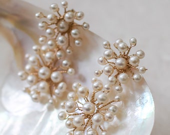 Real pearl earrings, pearl blossom earrings, starburst pearl earrings, statement designer bridal earrings