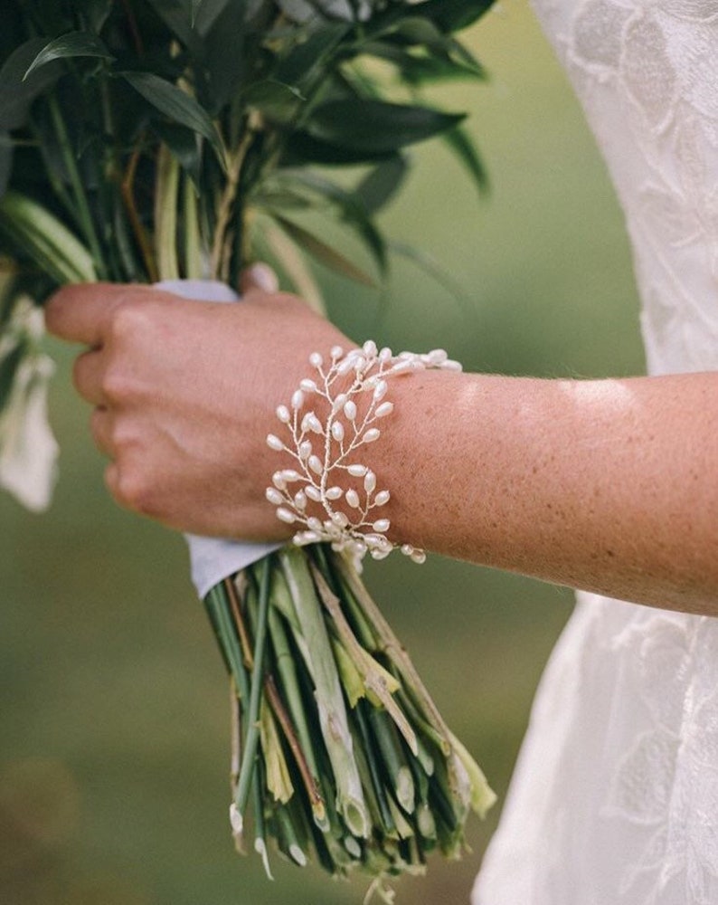 Bridal accessories, pearl bridal cuff, bridal bracelet, pearl jewellery for bride, pearl vine, wide bracelet, silver, gold, rose gold image 1