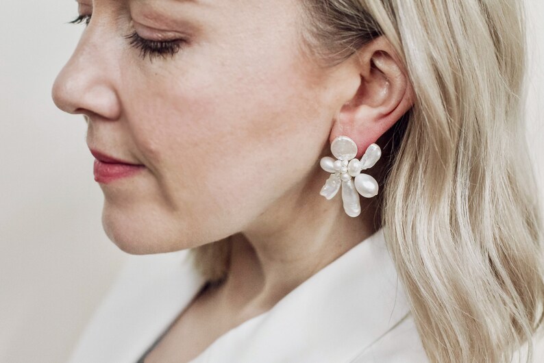 GROVE // Bridal earrings// dainty pearl studs, handmade simple pearl stud earrings, boho bridal jewelry image 3