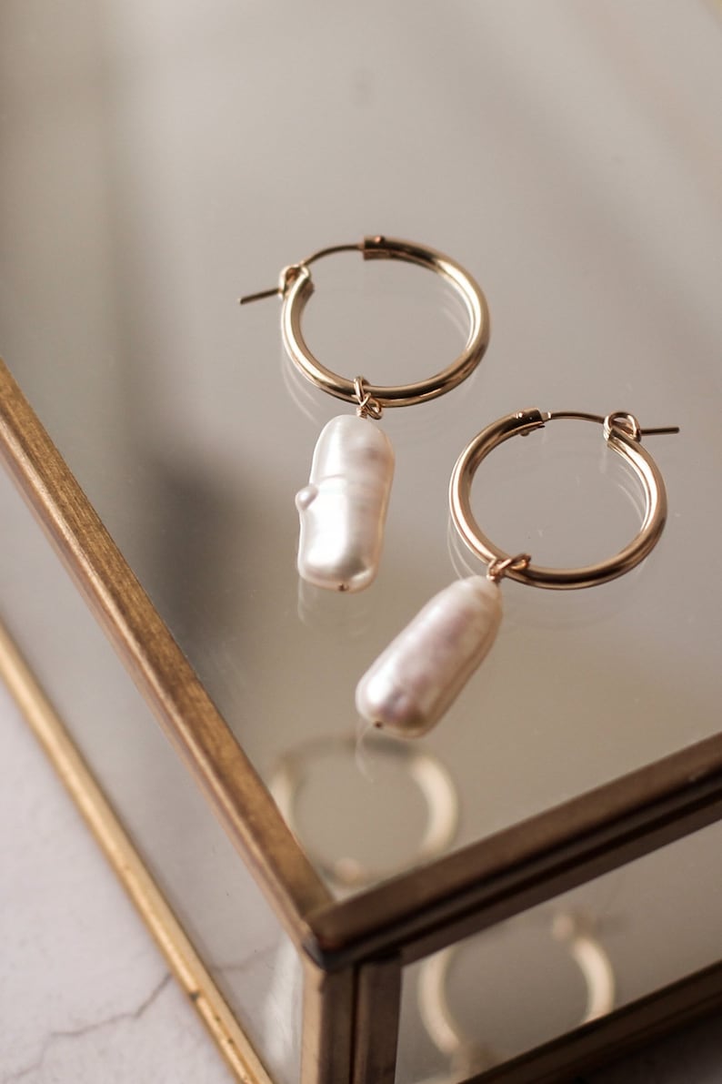 Hoop earrings, bridal earrings, bridesmaid earrings, modern bride, simple hoop earrings, pearl drop earrings, large pearl, unique real pearl image 1