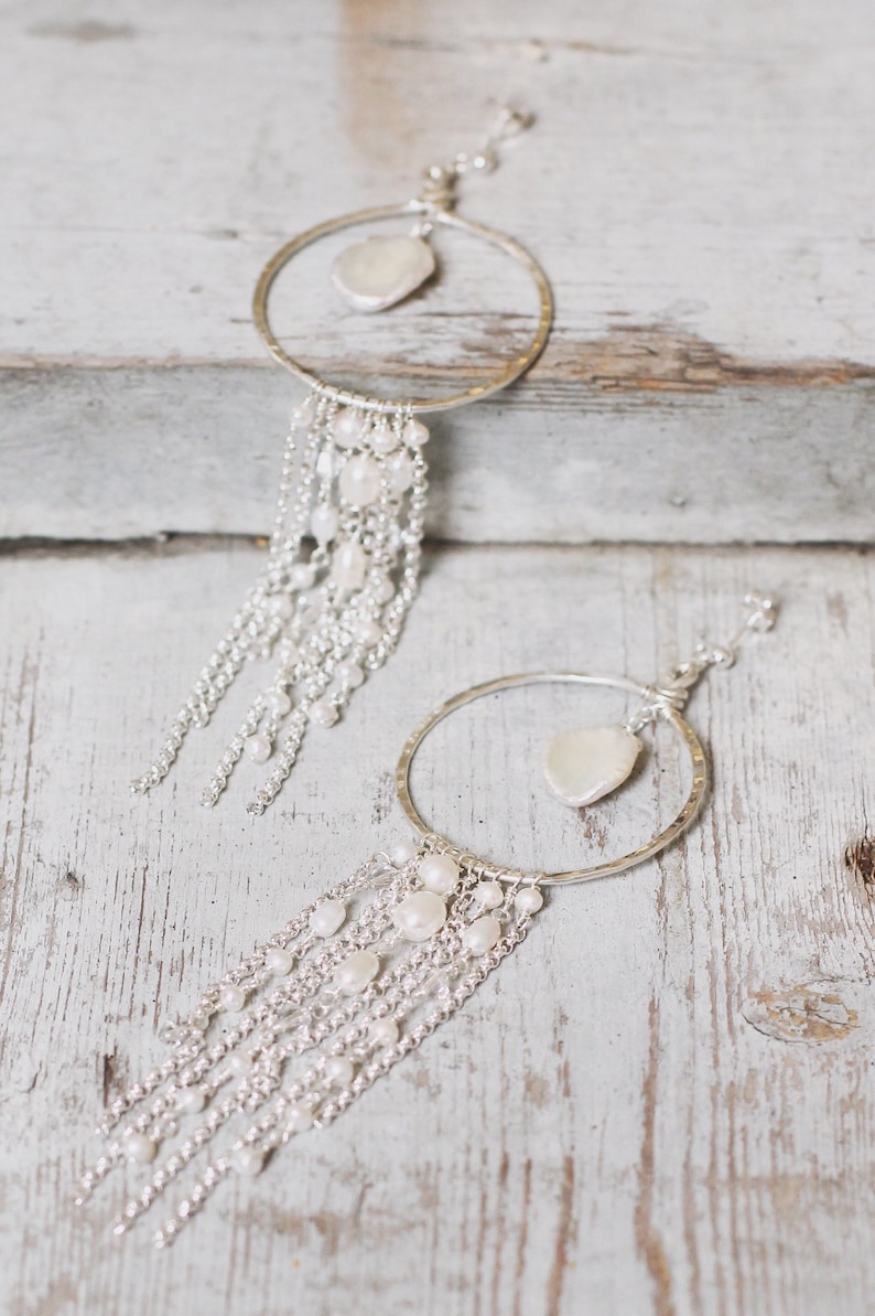 Bridal earrings, long boho gold hoop earrings, pearl bridal accessories, hanging chain earrings, dangly boho earrings, big gold hoop, bride image 10