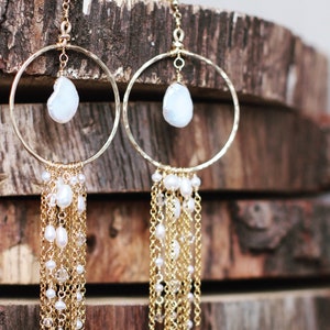Bridal earrings, long boho gold hoop earrings, pearl bridal accessories, hanging chain earrings, dangly boho earrings, big gold hoop, bride image 6