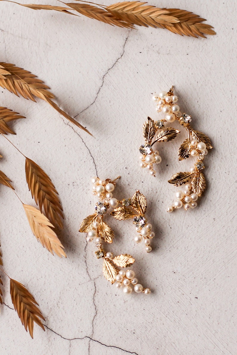 Gold leaf earrings, luxe bridal earrings, real pearl earrings, ornate earrings image 2