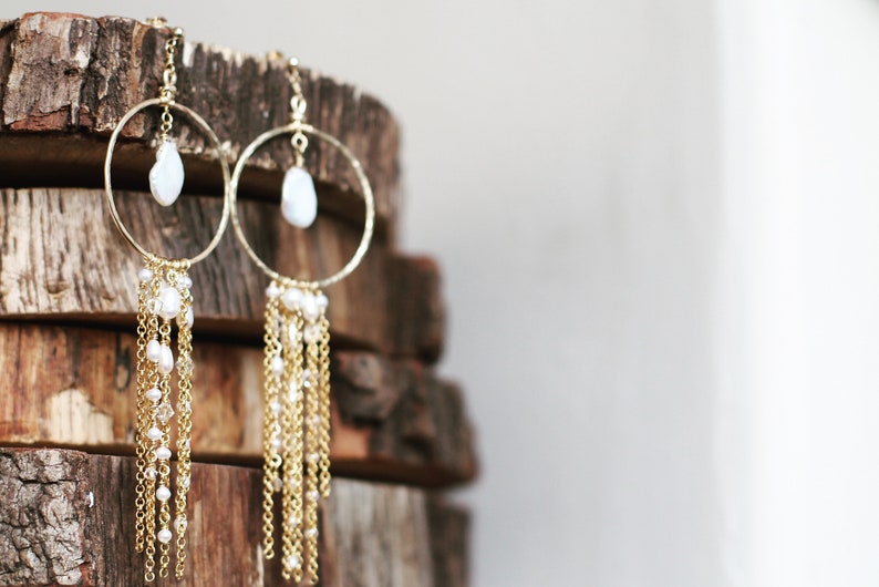 Bridal earrings, long boho gold hoop earrings, pearl bridal accessories, hanging chain earrings, dangly boho earrings, big gold hoop, bride image 4