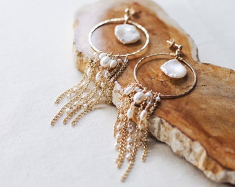 Bridal earrings, long boho gold hoop earrings, pearl bridal accessories, hanging chain earrings, dangly boho earrings, big gold hoop, bride