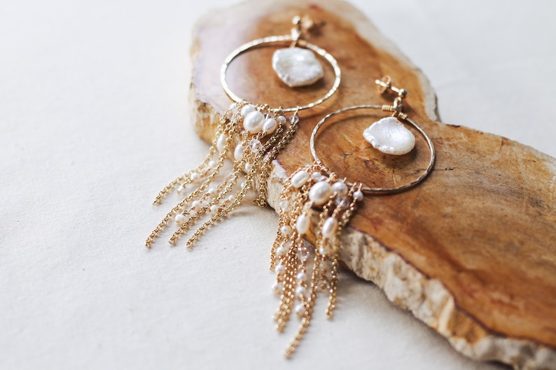 Bridal earrings, long boho gold hoop earrings, pearl bridal accessories, hanging chain earrings, dangly boho earrings, big gold hoop, bride image 1