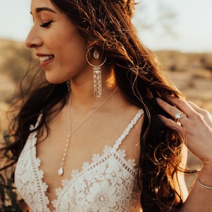 Bridal earrings, long boho gold hoop earrings, pearl bridal accessories, hanging chain earrings, dangly boho earrings, big gold hoop, bride image 2