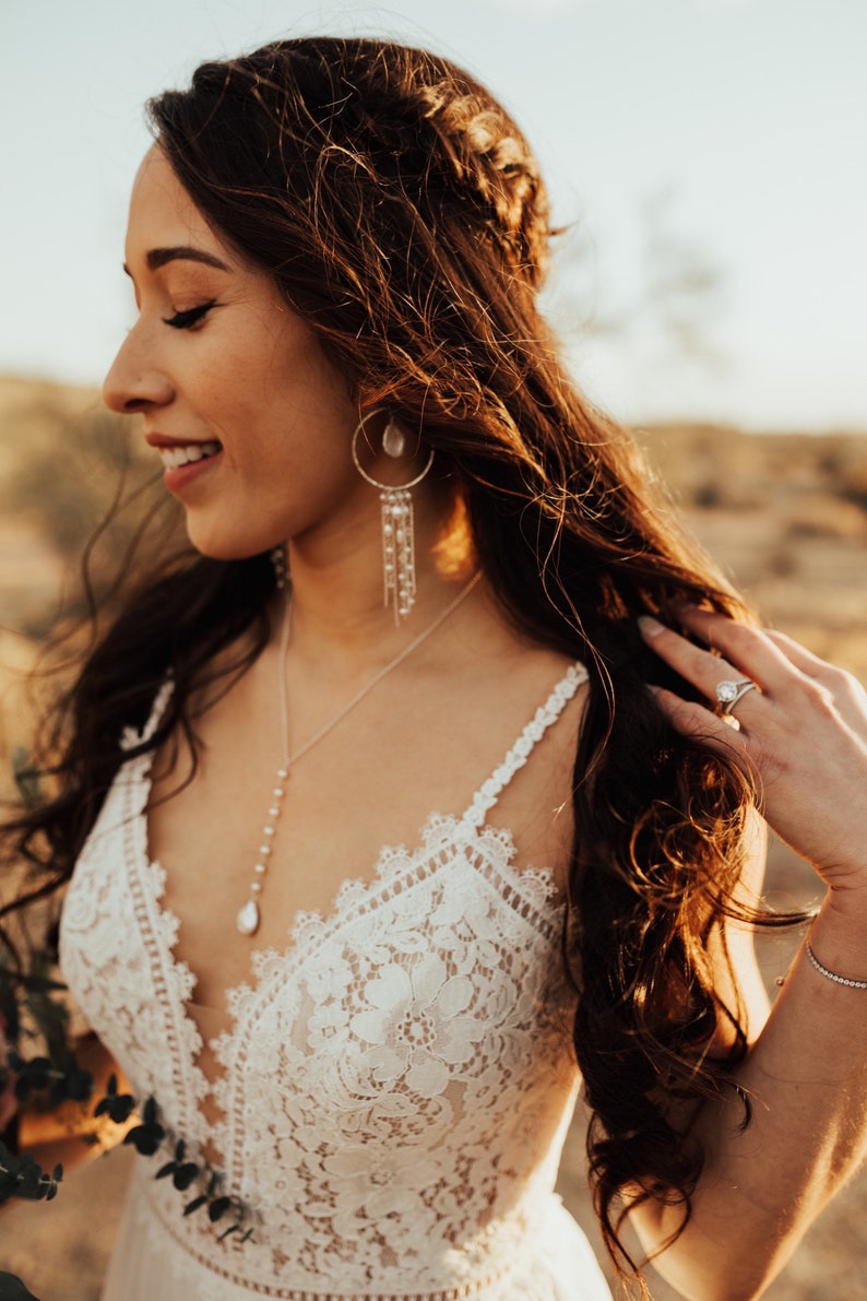 Bridal earrings, long boho gold hoop earrings, pearl bridal accessories, hanging chain earrings, dangly boho earrings, big gold hoop, bride image 2