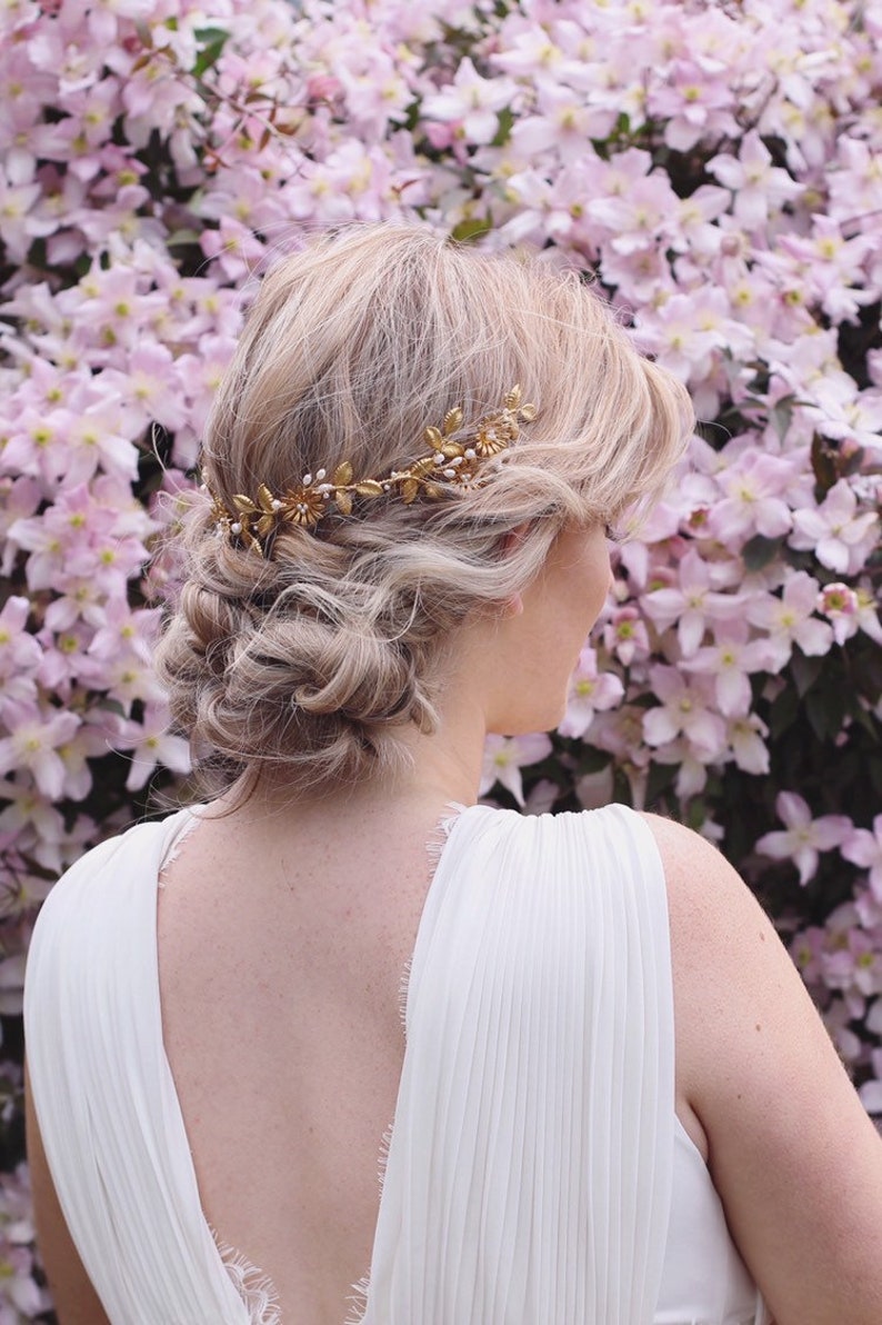 gold leaves bridal flower crown pearl hair vine Gold bridal leaf hair vine boho bridal headpiece gold leaf hair piece gold bridal halo