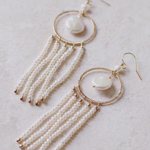 Boho bridal earrings, long pearl earrings, pearl tassel earrings, gold chandelier earrings, bohemian bridal earrings image 10