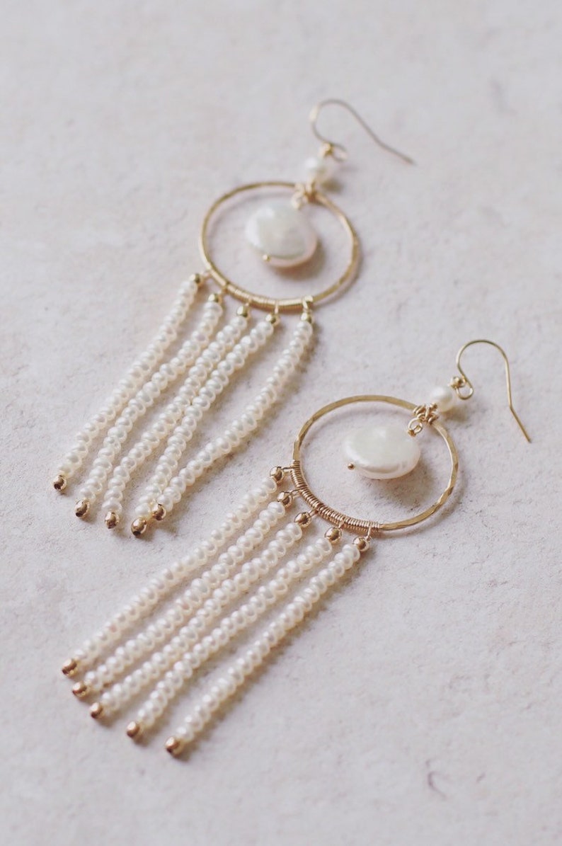 Boho bridal earrings, long pearl earrings, pearl tassel earrings, gold chandelier earrings, bohemian bridal earrings image 10