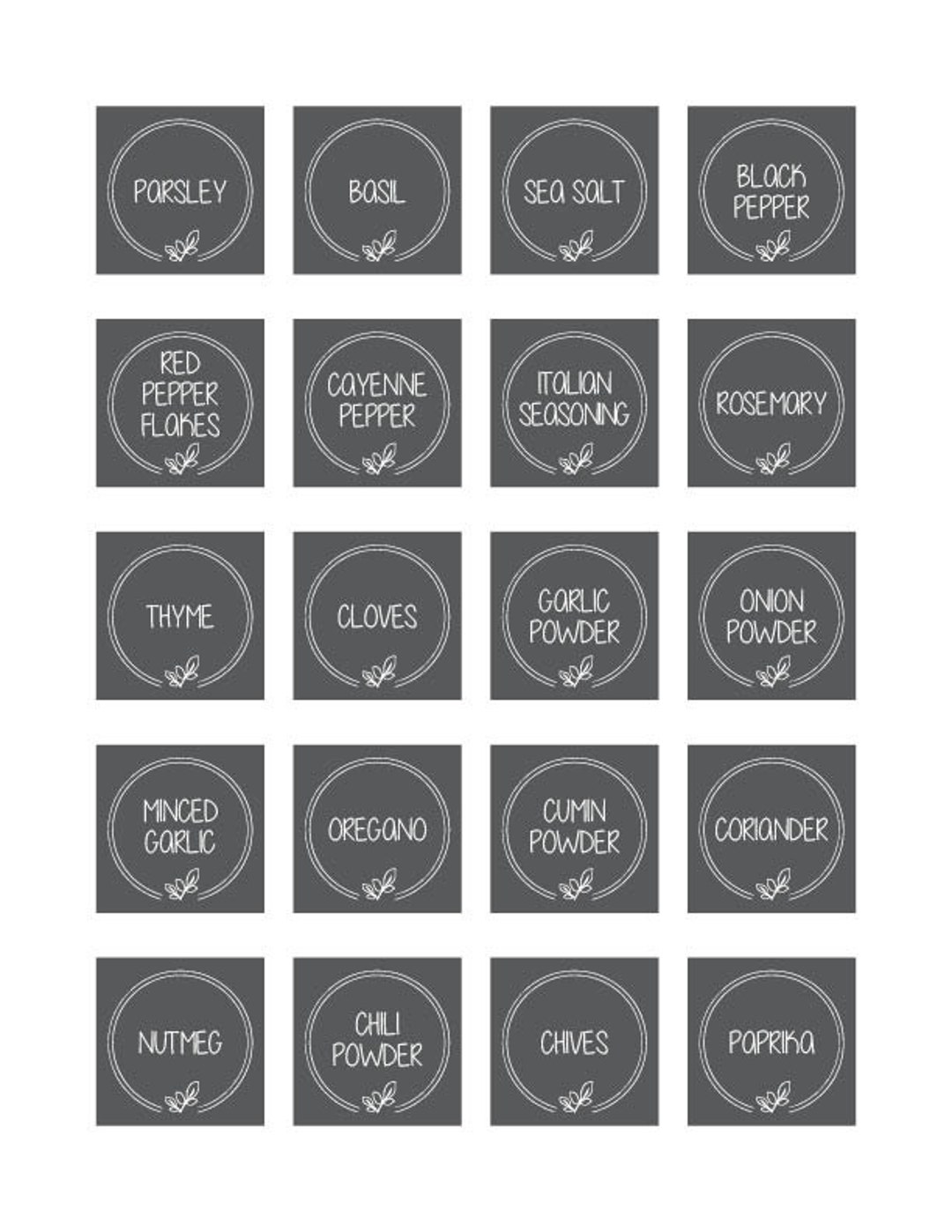 Laramaid 372 Minimalist Spice Jar Label Set, Black Text on White Matte Vinyl Waterproof Label Sticker - Fits on Round, Square and Rectangle Glass Jars