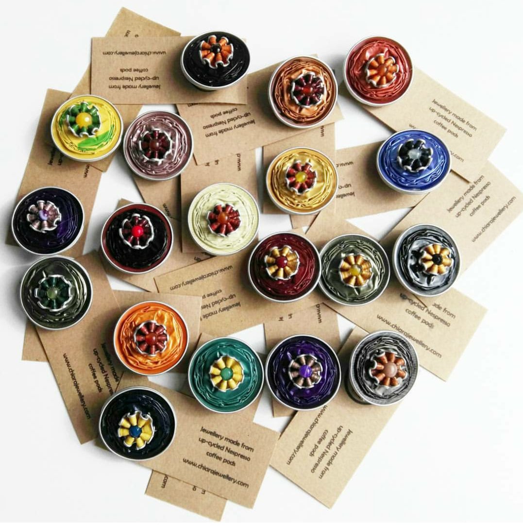 Nespresso coffee pod brooches recycled upcycled