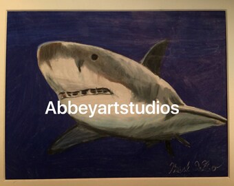 shark undersea high gloss signed copy 8 1/2x11 from original pencil art drawing