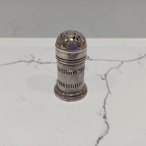 May include: A silver salt shaker with a domed top and small holes. The body is cylindrical with vertical slots. The shaker is on a marble surface.