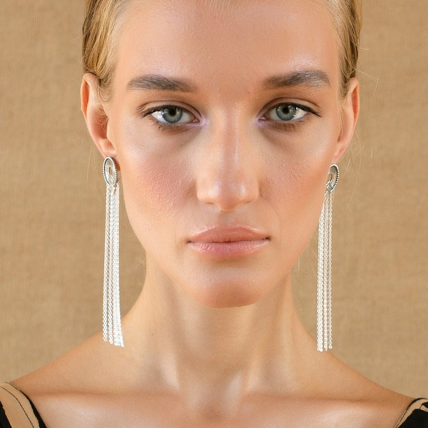 Fringe Silver Earrings, Unique Long Dangling Earrings For Women, Statement Boho Earrings, Long Silver Tassel Earrings, Long Chain Earrings