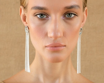 Fringe Silver Earrings, Unique Long Dangling Earrings For Women, Statement Boho Earrings, Long Silver Tassel Earrings, Long Chain Earrings