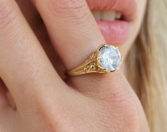 Unique White Zircon Ring, Victorian Engagement Ring, Vintage Style 14k Gold Engagement Ring For Women, Elegant Gold Ring, Art Deco Ring