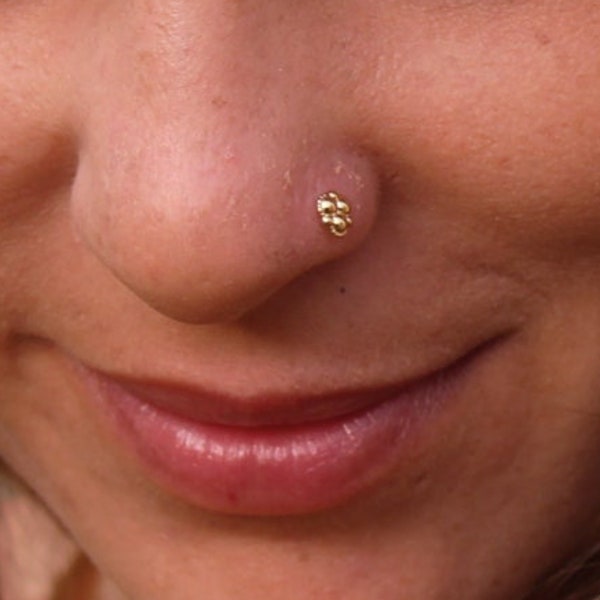 14k Solid Gold Nose Stud, Flower Nose Screw, 22g Nose Jewelry, Tribal Nose Pin, Indian Nostril Piercing, Piercing Nez, Nose Piercing