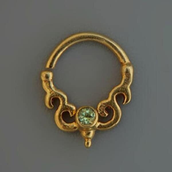 Unique Gold Septum Ring For Pierced Nose With Peridot Stone, 24 kt Gold Nose Ring, Stone Septum Jewelry By Sagia