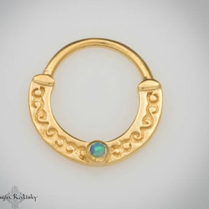 14K Gold Septum Ring, Septum Jewelry, Nose Piercing, Solid Gold Septum, Daith, Rook Earring, Tragus Hoop, Cartilage, Helix Hoop, Opal ,18g