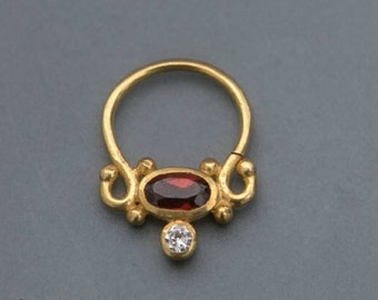 Garnet Septum Ring, Gold Plated Piercing, Indian Septum Ring, Garnet Septum Jewelry, 18g Septum Ring, Tribal Septum Ring, Ornate Septum Ring