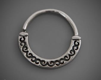 Silver Septum Ring, Septum Jewelry, Daith Earring, Tragus Hoop, Rook Piercing, Helix Ring, Cartilage for Ear, Tribal Nose Ring, Indian, 18g