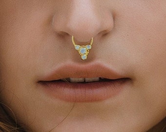 14k Solid Gold Septum Ring, Opal Nose Ring, Opal Septum Ring, 16g/18g Septum Ring, Gold Septum Ring, Opal Nose Piercing, Opal Nose Hoop