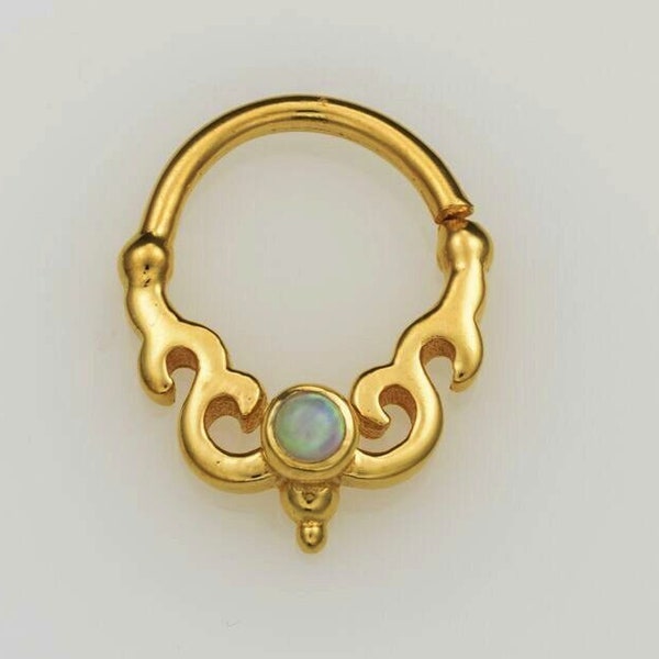 Gold Septum Ring, Opal Septum Ring, Gold Nasenring, Tribal Septum Ring, 18G Septum Ring, Helix Hoop, Tragus, Septum Schmuck, Opal