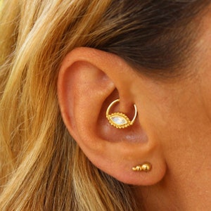 Daith Earring, Helix Earring, Gold Septum Ring, Septum Jewelry, Indian, Tragus Piercing, Moonstone, Nostril, Cartilage, Silver, 16g, 18g