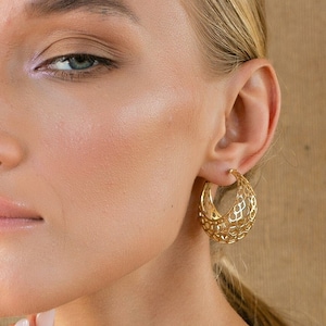 Gold Hoop Earrings, 18K Gold Plated Brass or Sterling Silver, HIVE Dangle Drop Earring Hoops, Statement Handmade Boho Jewelry, Gift For Her